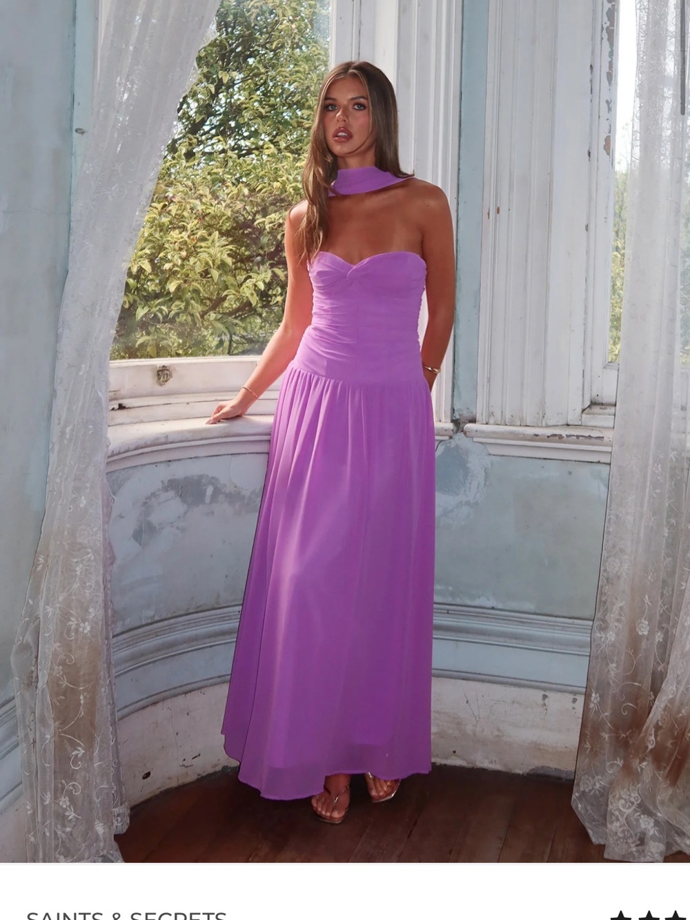SAINTS & SECREIS
Novarra Twist Bust Strapless Maxi
Dress Lilac   size large